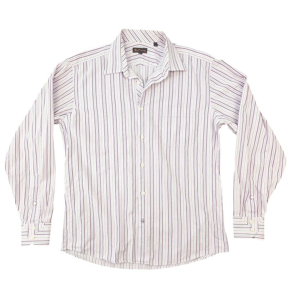 Ben Sherman Mens Large Multi Stripe Button Down Shirt Purple White Cotton‎ L 16